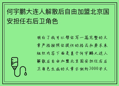 何宇鹏大连人解散后自由加盟北京国安担任右后卫角色